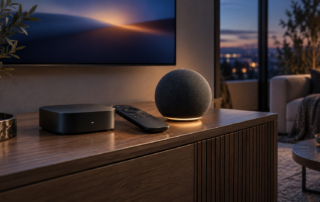 Konzeptbild eines kompakten Streaming-Players und Smart Speakers im modernen Wohnzimmer