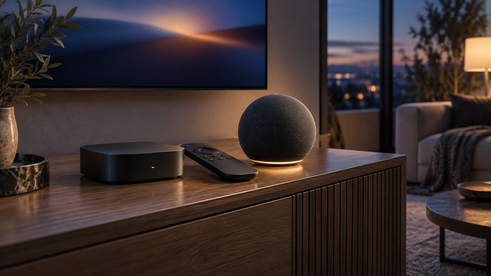 Konzeptbild eines kompakten Streaming-Players und Smart Speakers im modernen Wohnzimmer