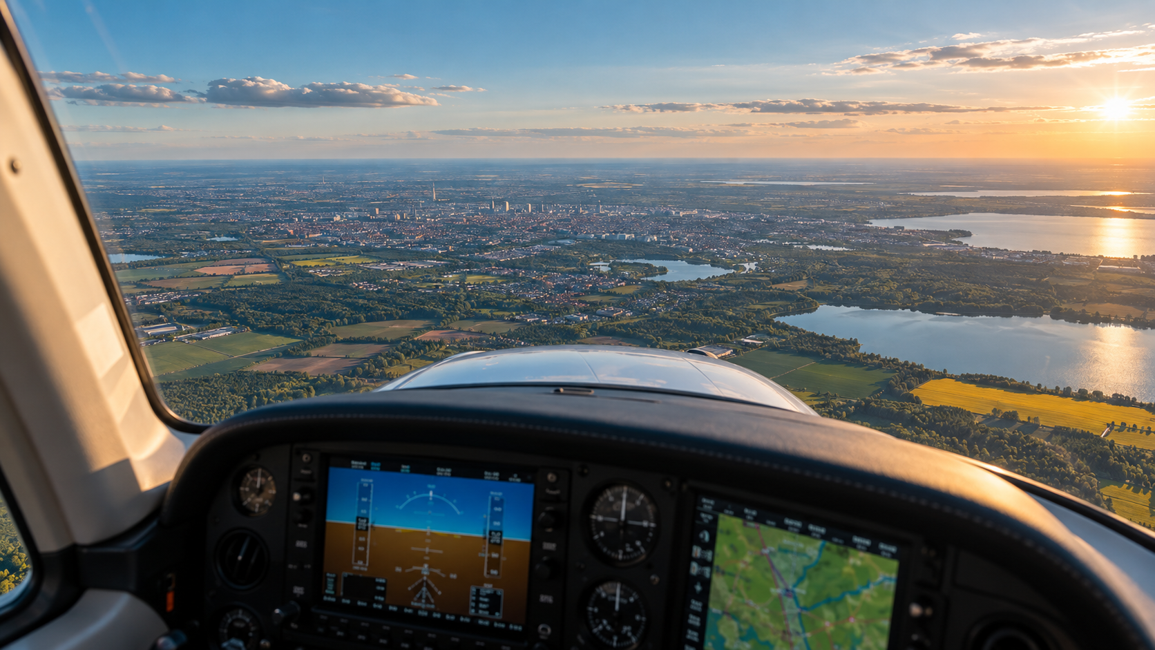 Blick aus dem Cockpit eines Reiseflugzeugs über Leipzig und die Seenlandschaft