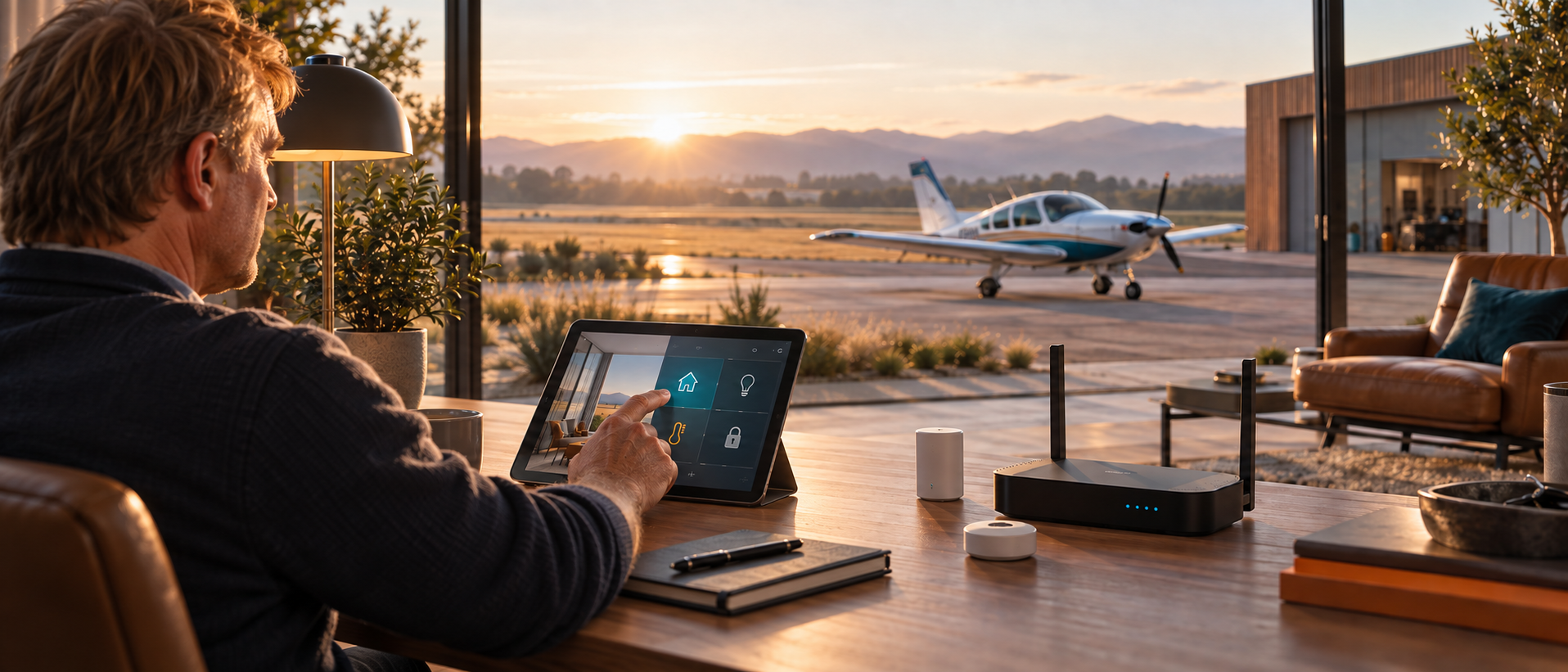 Birk Möbius an einem Smart-Home-Arbeitsplatz mit Reiseflugzeug am Flugplatz