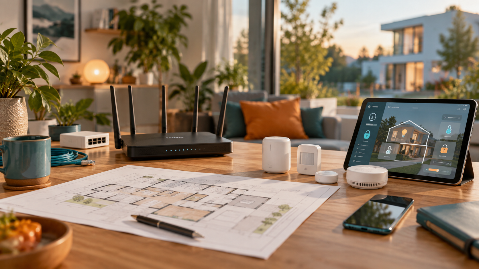 Smart-Home-Komponenten, Router und Gebäudeplan auf einem Beratungstisch