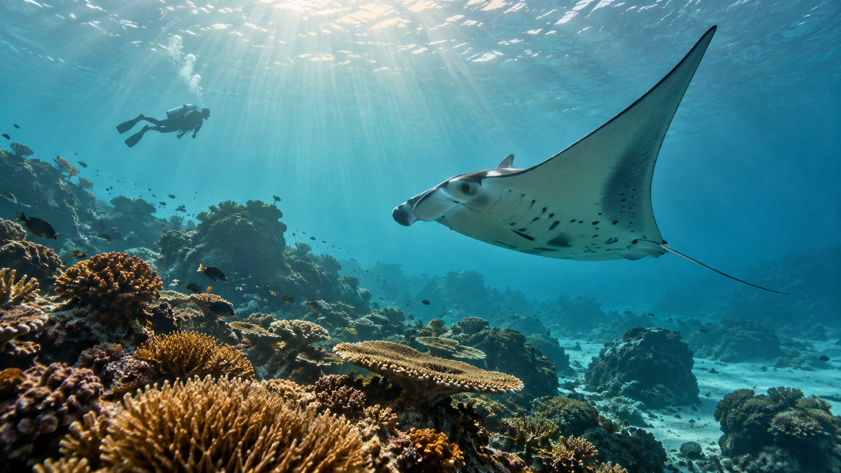 Taucher und Mantarochen über einem tropischen Korallenriff bei Bali