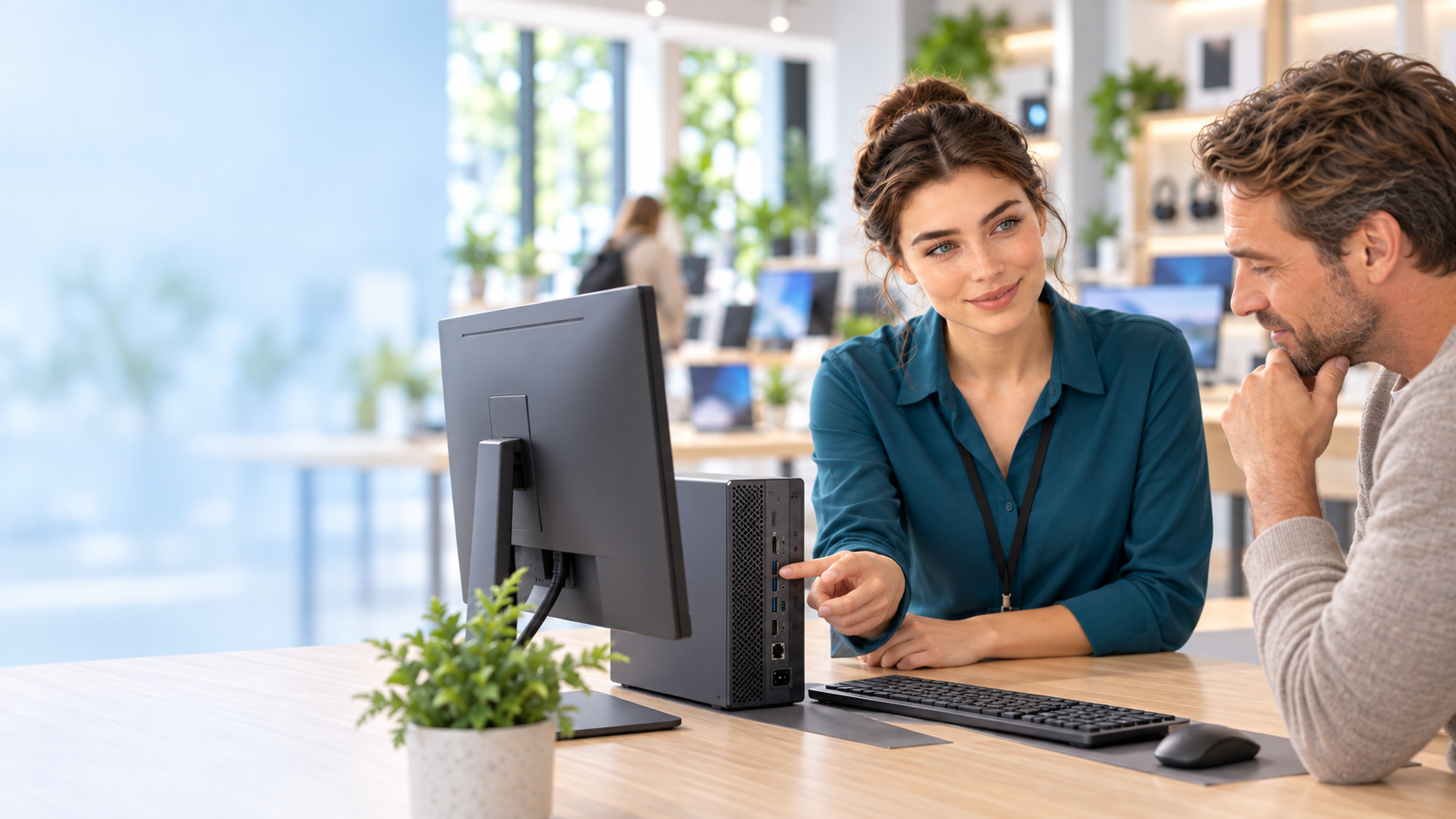 Beraterin erklärt einem Kunden einen Computerarbeitsplatz