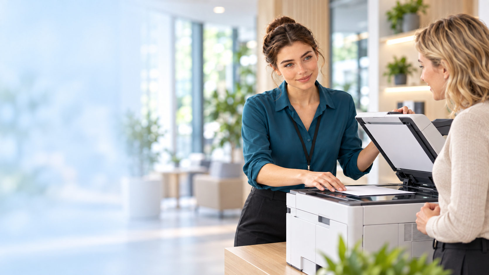 Beraterin demonstriert einen Multifunktionsdrucker