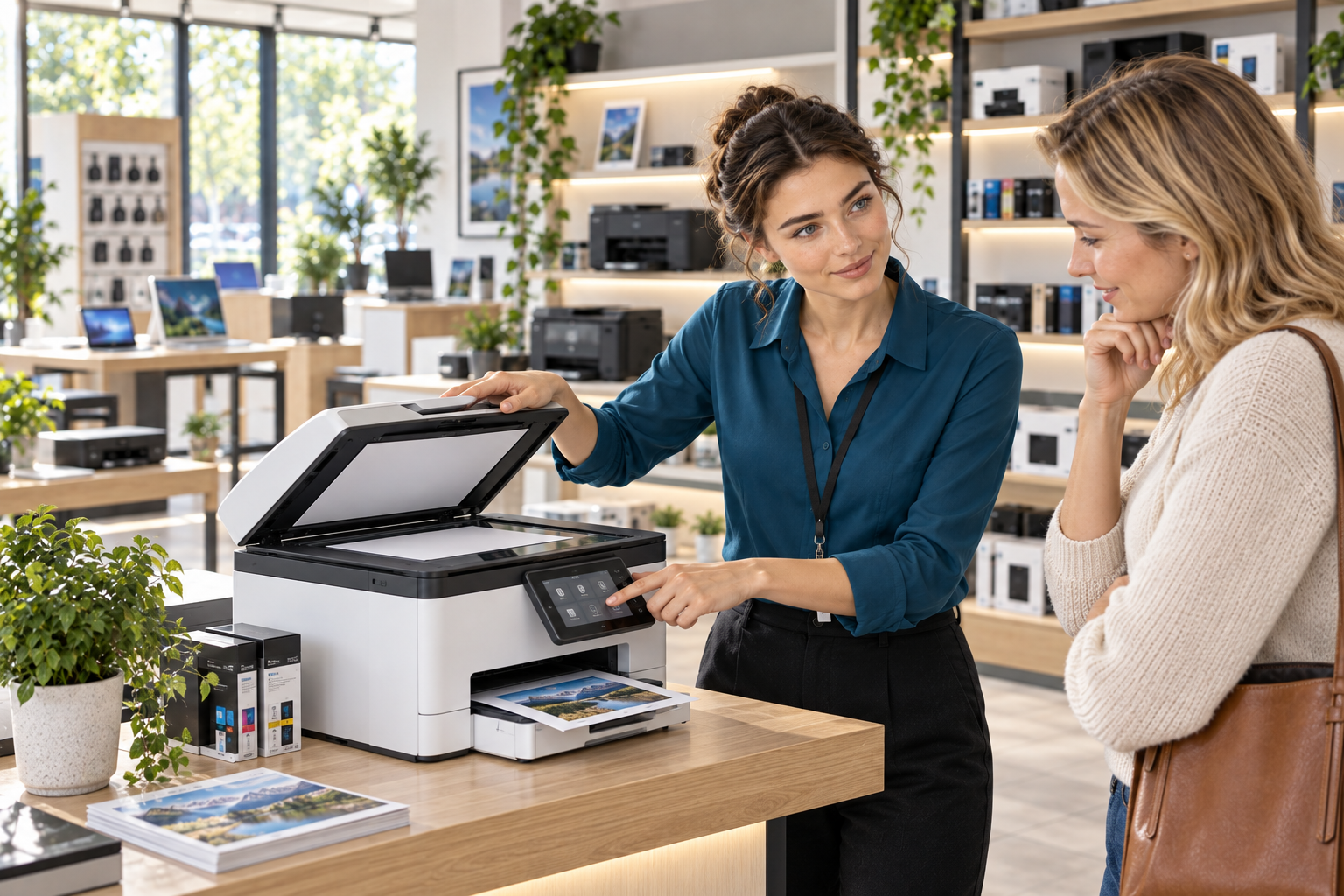 Beraterin demonstriert einen Multifunktionsdrucker