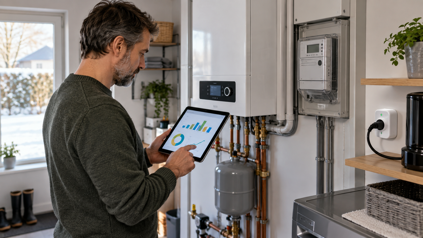 Hausbesitzer wertet Strom- und Heizenergie im Smart Home aus