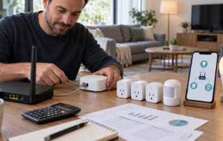 Mann verbindet Smart-Home-Zentrale, Router, Sensoren und messende Steckdosen