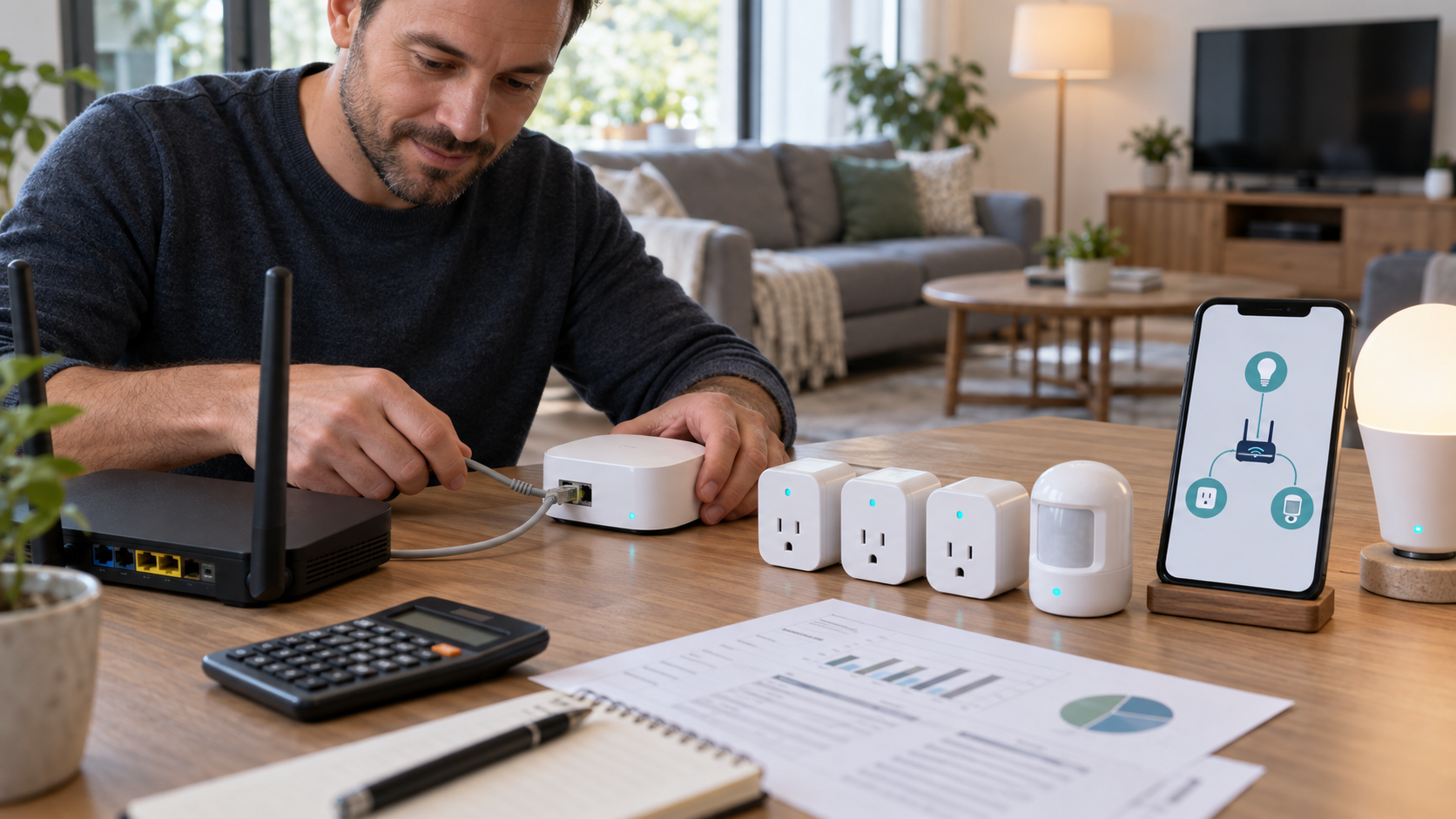 Mann verbindet Smart-Home-Zentrale, Router, Sensoren und messende Steckdosen