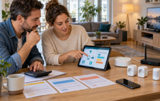 Paar vergleicht laufende Kosten mit den Anschaffungskosten vernetzter Smart-Home-Geräte