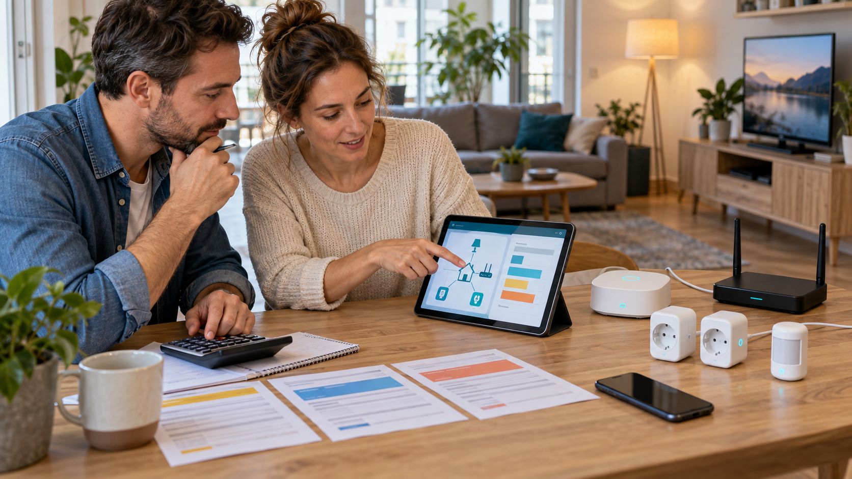 Paar vergleicht laufende Kosten mit den Anschaffungskosten vernetzter Smart-Home-Geräte