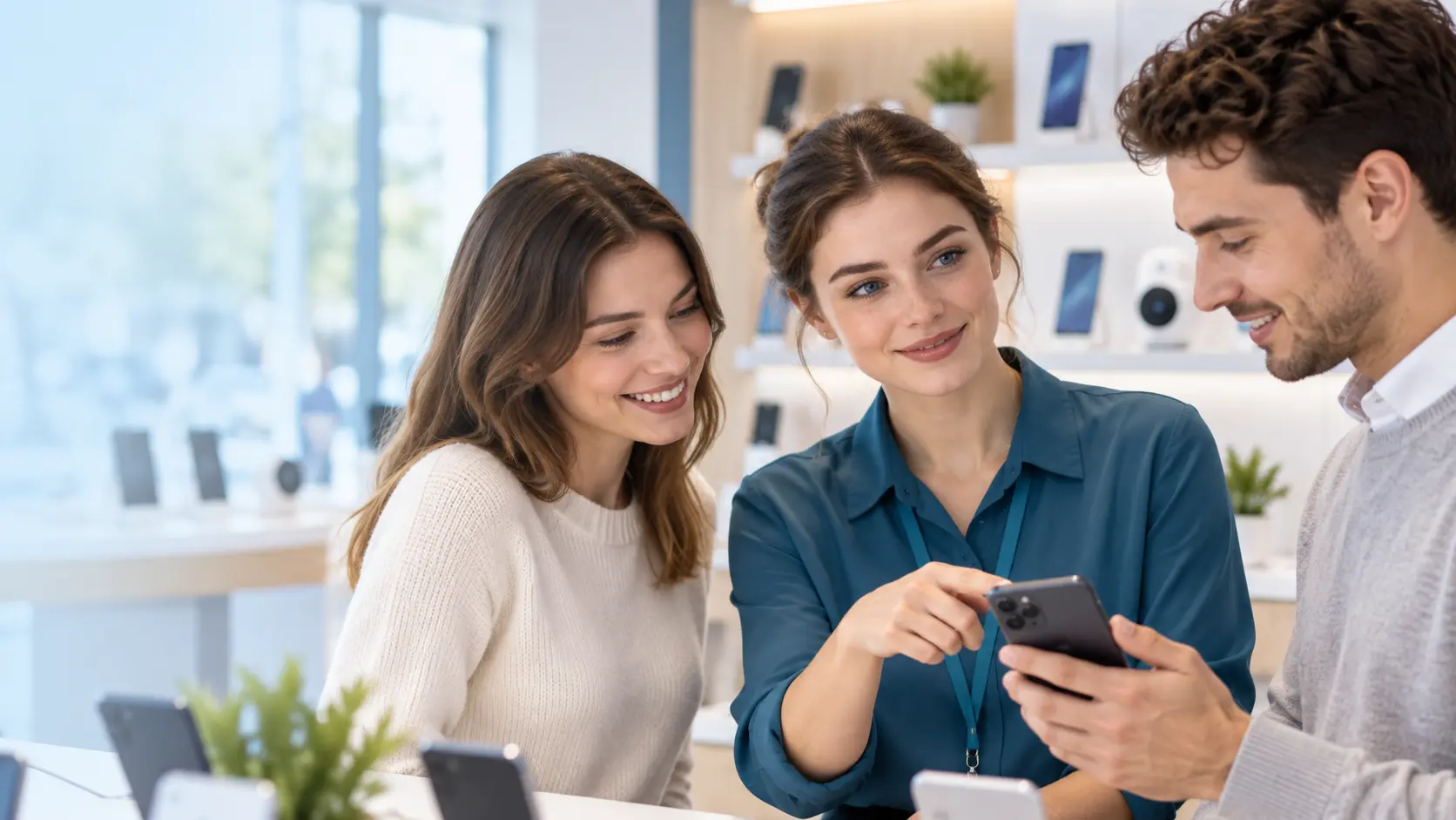 Ein Team tauscht sich über ein Smartphone aus