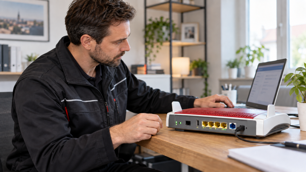 Techniker setzt eine FRITZ!Box über einen angeschlossenen Laptop zurück