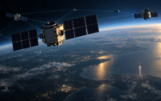 Satellitennetz über der Erde mit startender Rakete als Illustration für Golden Dome
