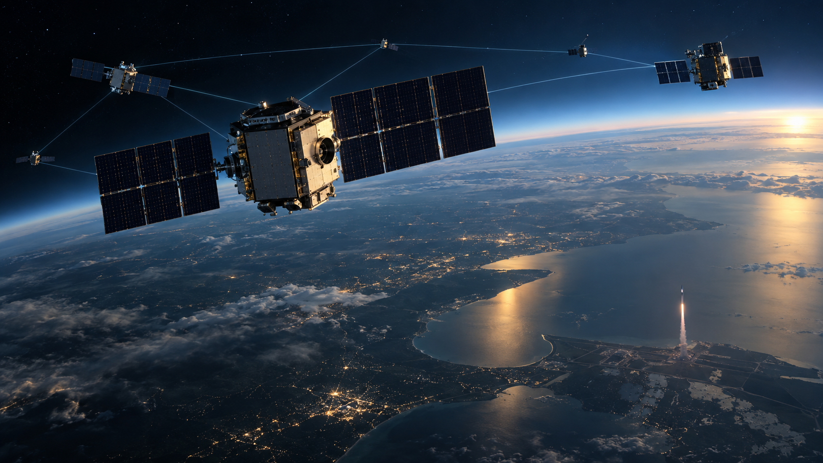 Satellitennetz über der Erde mit startender Rakete als Illustration für Golden Dome