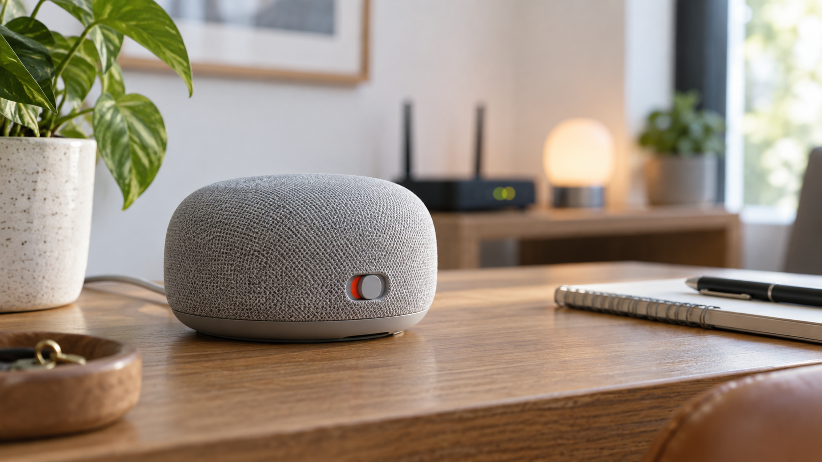 Smarter Lautsprecher mit sichtbarem Mikrofon-Stummschalter im modernen Arbeitszimmer