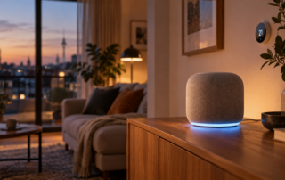 Generischer smarter Lautsprecher in einem modernen Wohnzimmer mit vernetzter Beleuchtung