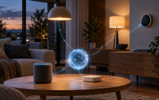 Konzeptbild eines KI-Agenten, der Geräte in einem modernen Smart Home miteinander verbindet