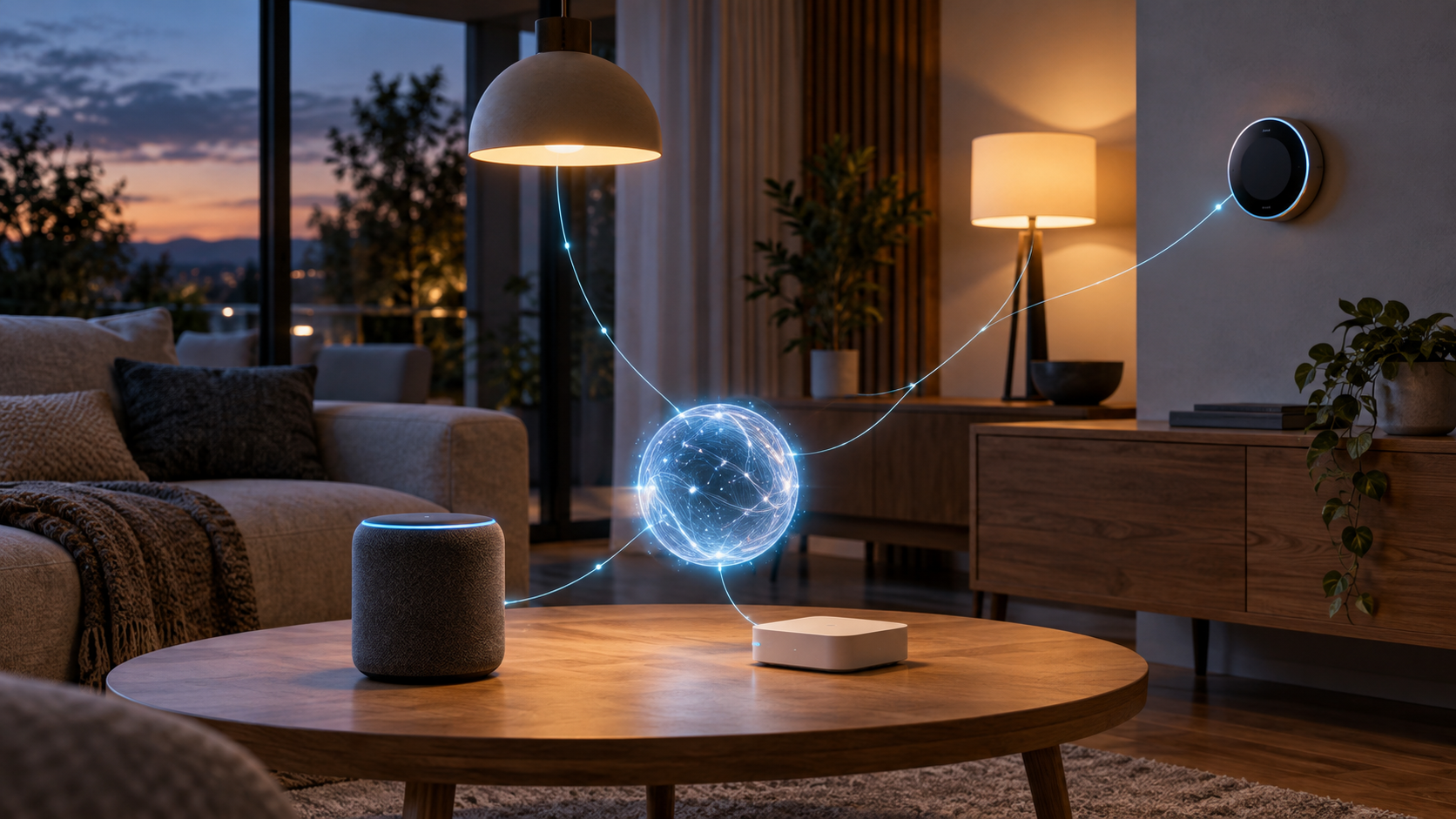 Konzeptbild eines KI-Agenten, der Geräte in einem modernen Smart Home miteinander verbindet