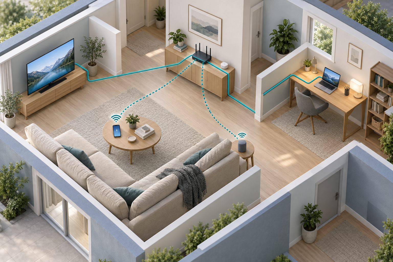 Router verbindet Fernseher, Computer, Smartphone und weitere Geräte über Netzwerkkabel und Funk