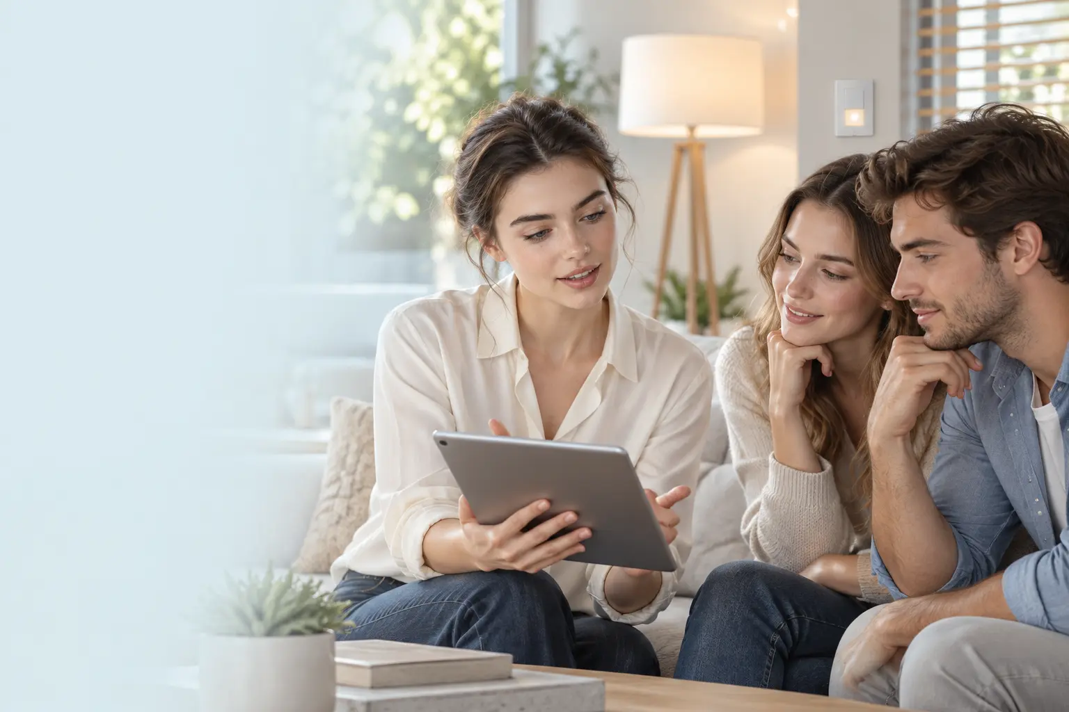 Beraterin erklärt jungen Erwachsenen Smart Home am Tablet