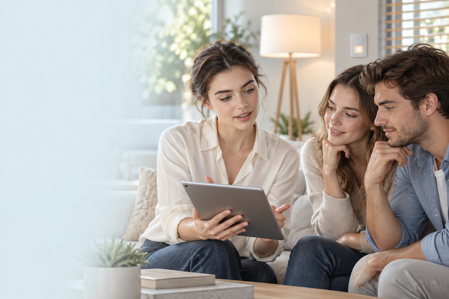 Beraterin erklärt jungen Erwachsenen Smart Home am Tablet
