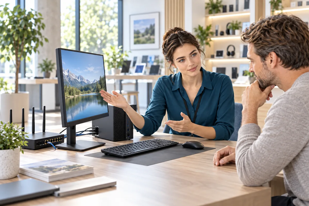 Beraterin erklärt einem Kunden einen Computerarbeitsplatz