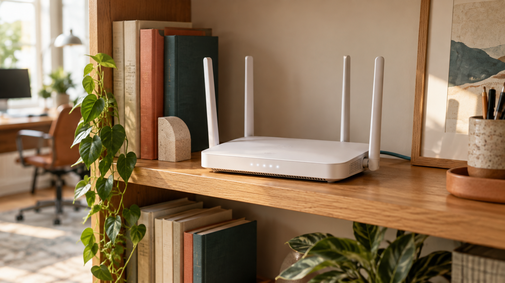 WLAN-Router im wohnlichen Arbeitszimmer