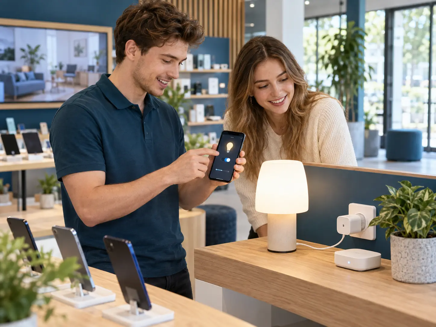 Zwei Kollegen testen die Steuerung einer smarten Lampe per Smartphone