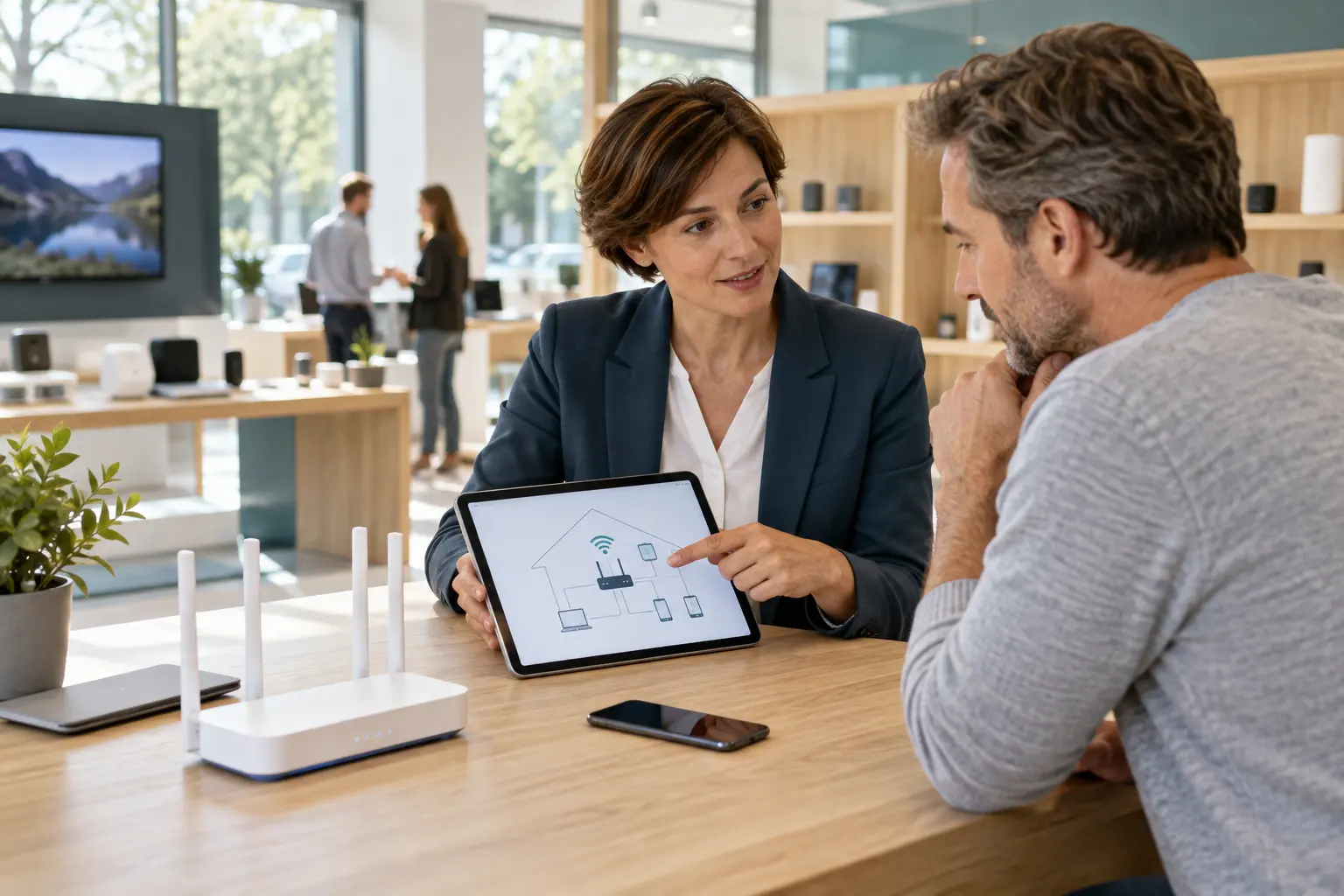 Erfahrene Fachberaterin erklärt einem Kunden ein Netzwerk