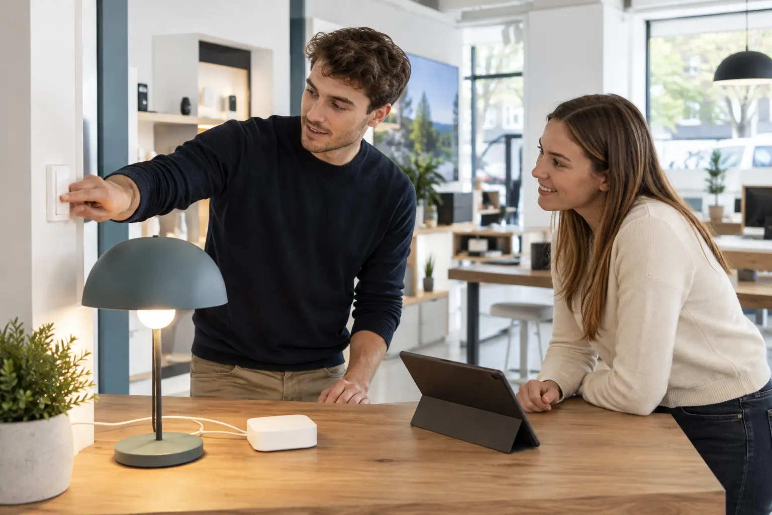 Kollegen probieren eine smarte Lichtsteuerung aus