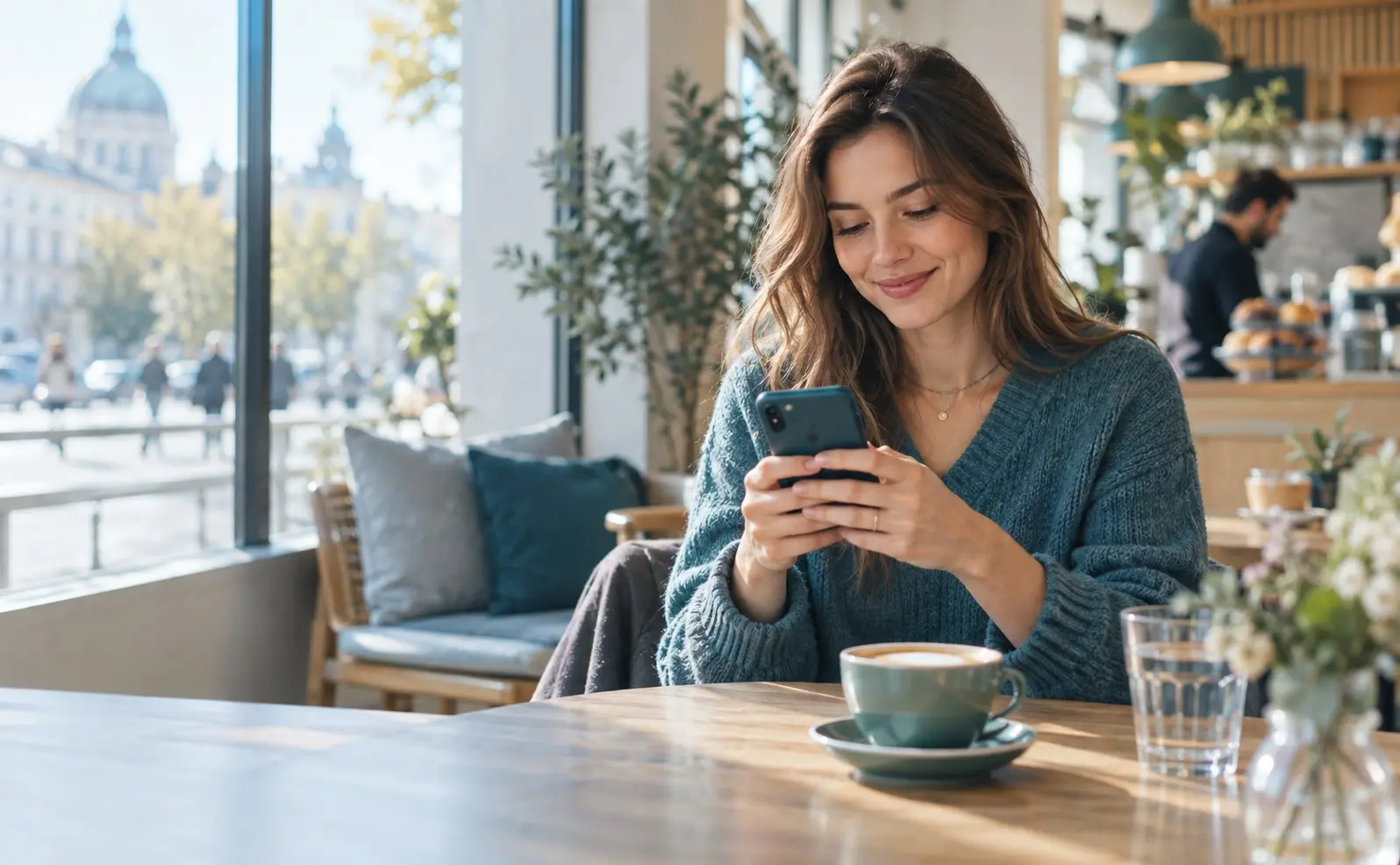 Frau nutzt ihr Smartphone im Café