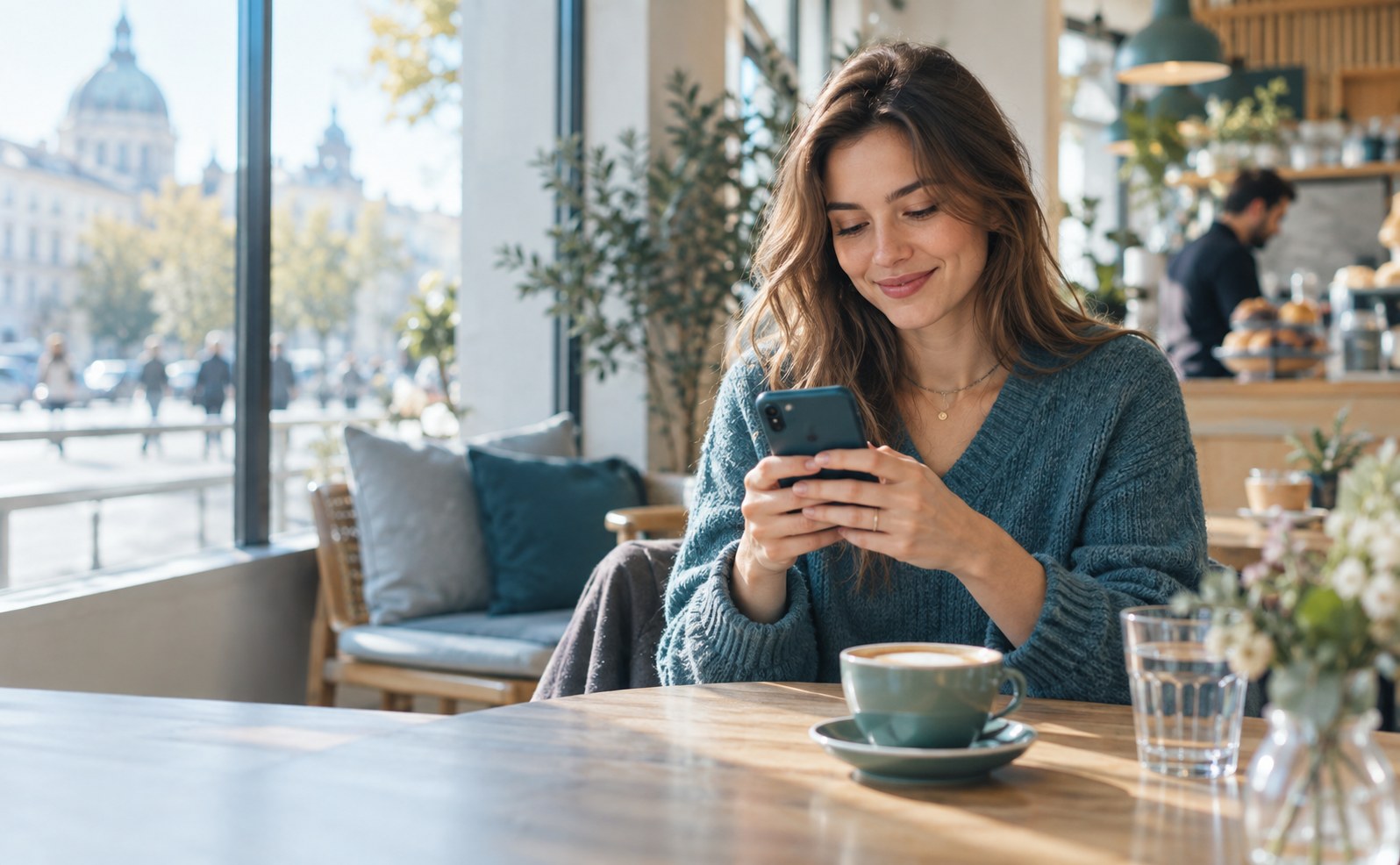 Frau nutzt ihr Smartphone im Café