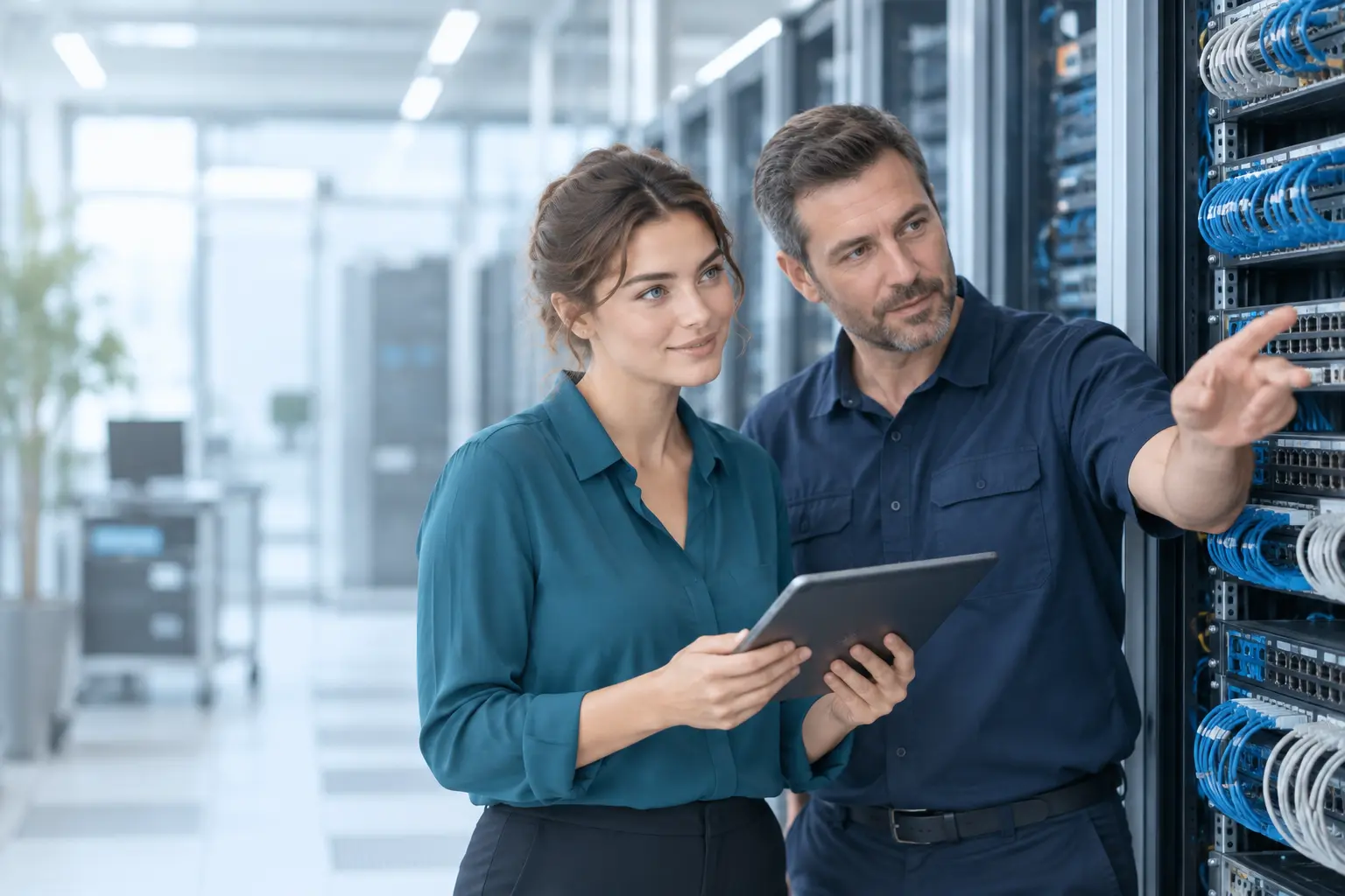 Beraterin mit Tablet und Techniker besprechen Netzwerktechnik im Serverraum