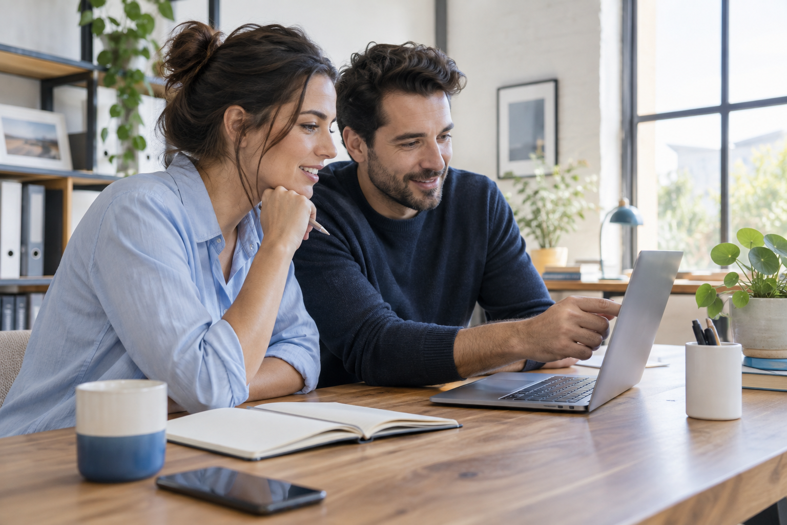 Zwei Kollegen arbeiten gemeinsam an Dateien am Laptop