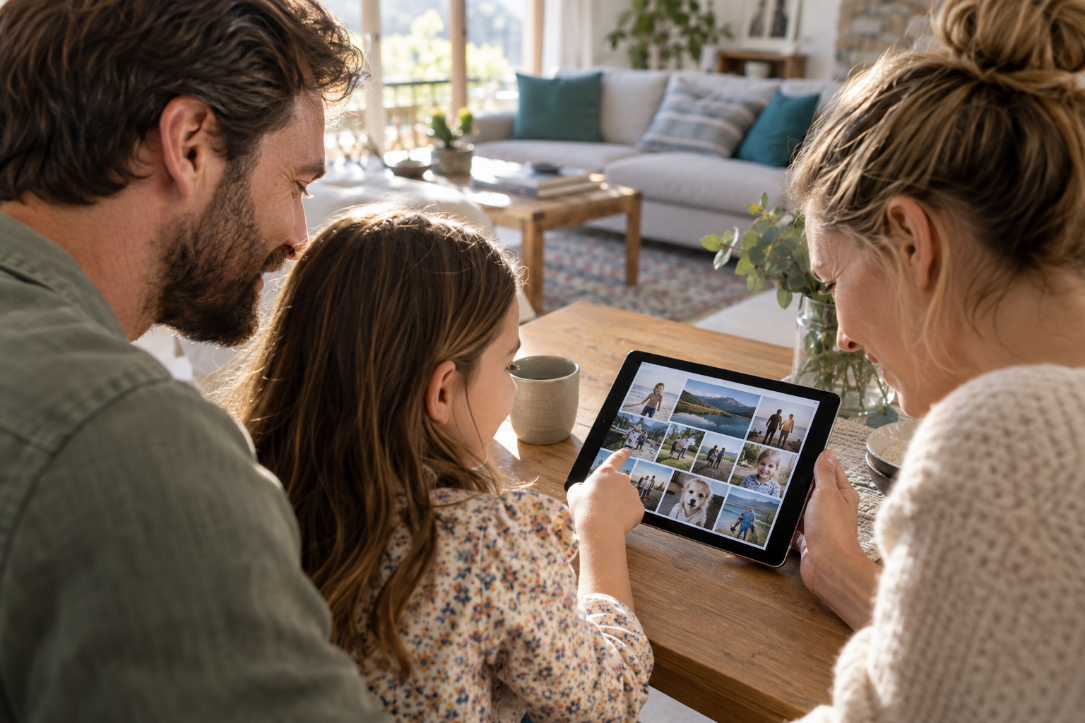 Familie betrachtet gemeinsame Fotos auf einem Tablet