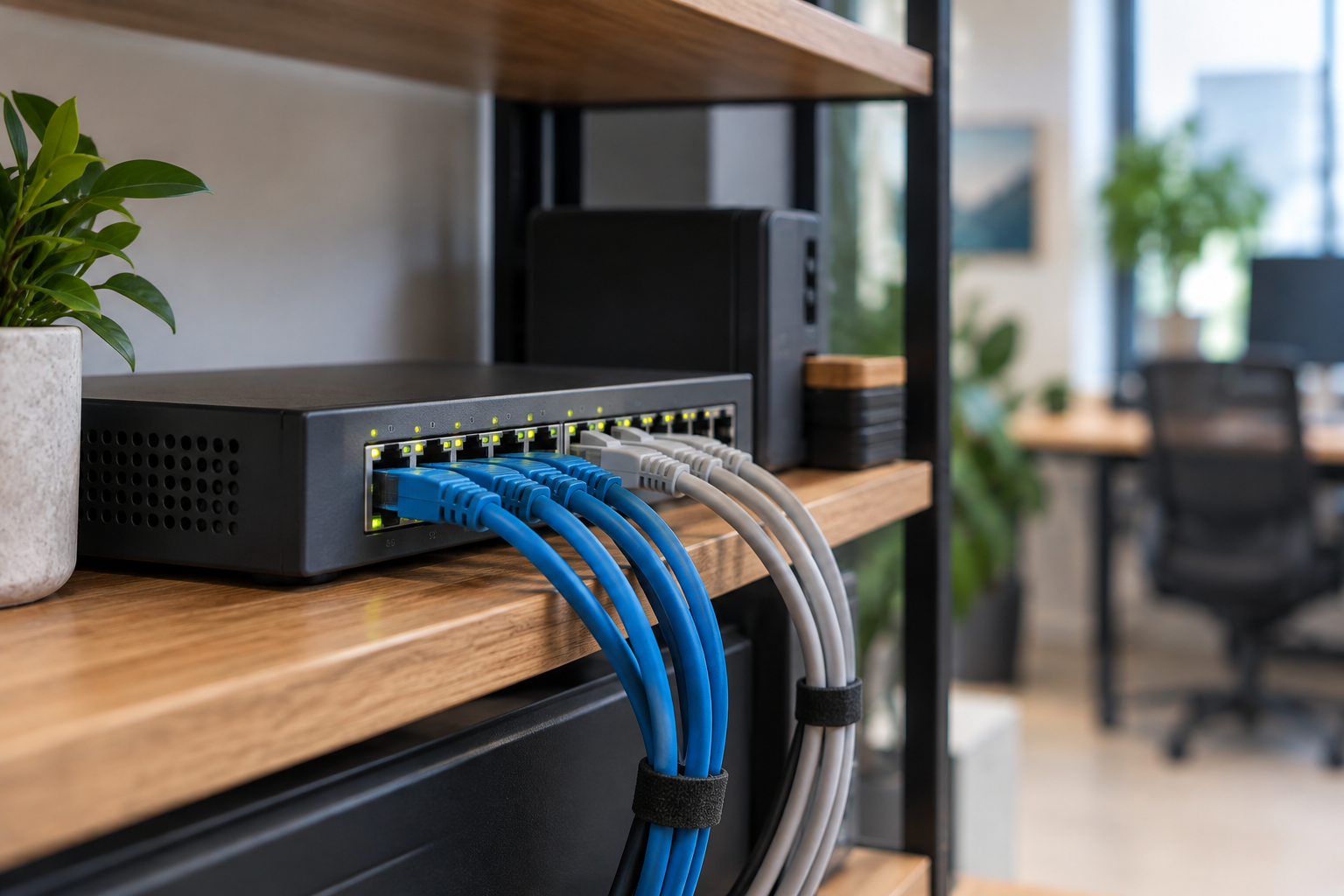 Netzwerk-Switch mit ordentlich angeschlossenen Ethernet-Kabeln