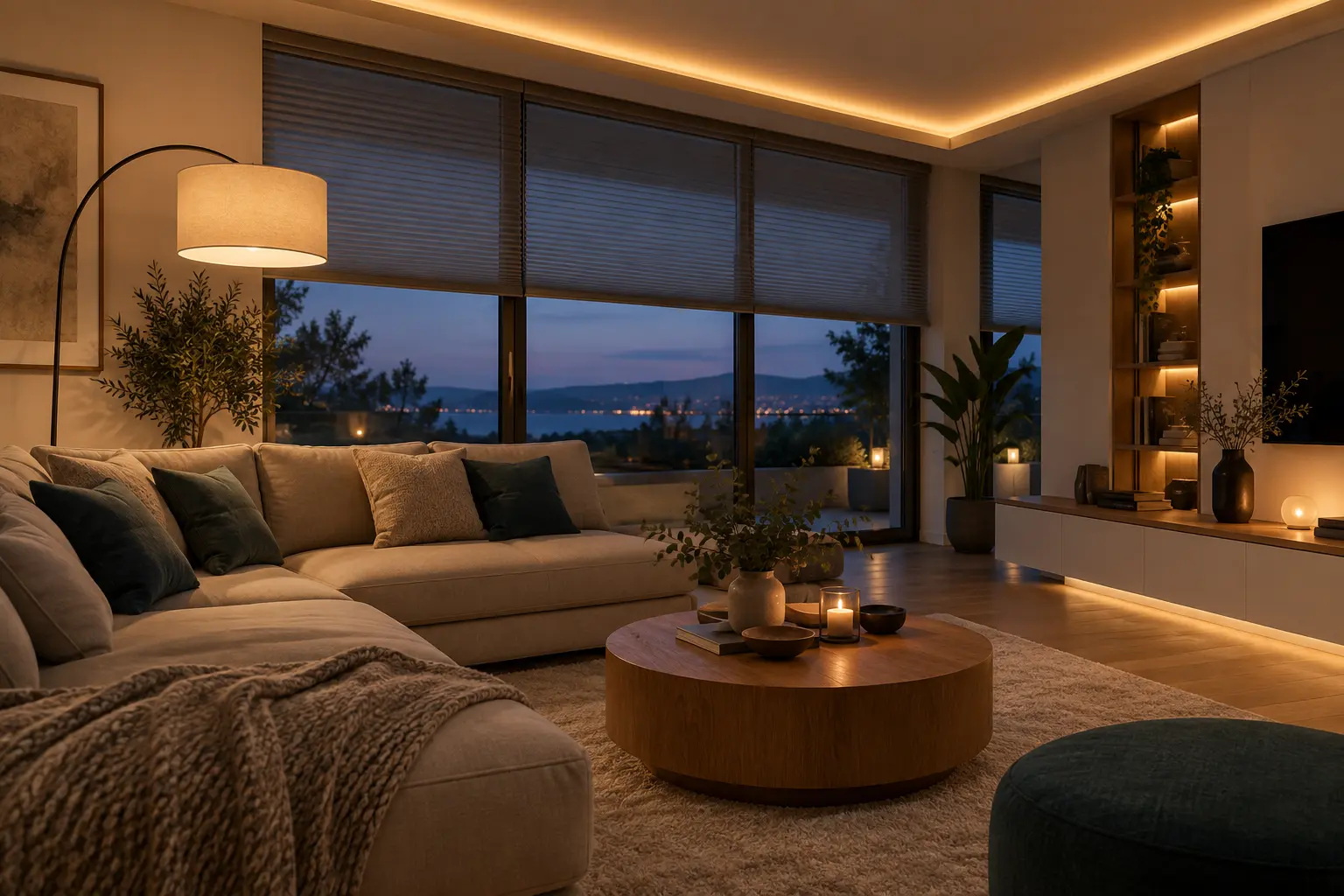 Wohnzimmer mit warmer smarter Beleuchtung und Beschattung