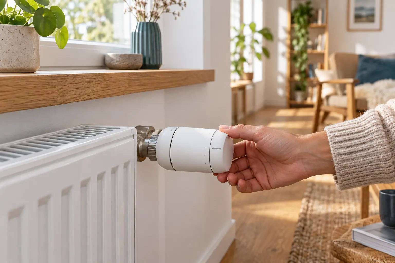 Smarthermostat an einem Heizkörper wird eingestellt
