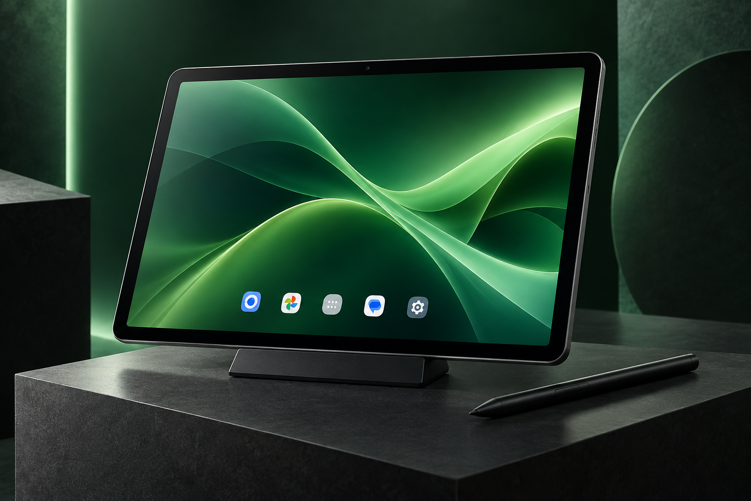 Illustratives Android-Tablet vor grünem Studiohintergrund