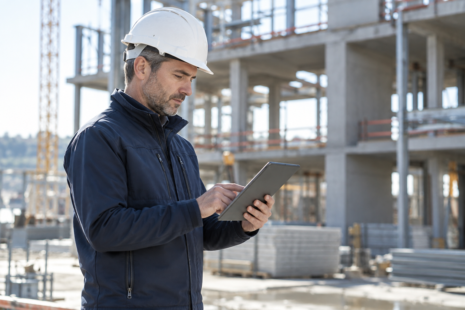 Projektleiter nutzt ein Tablet auf einer Baustelle
