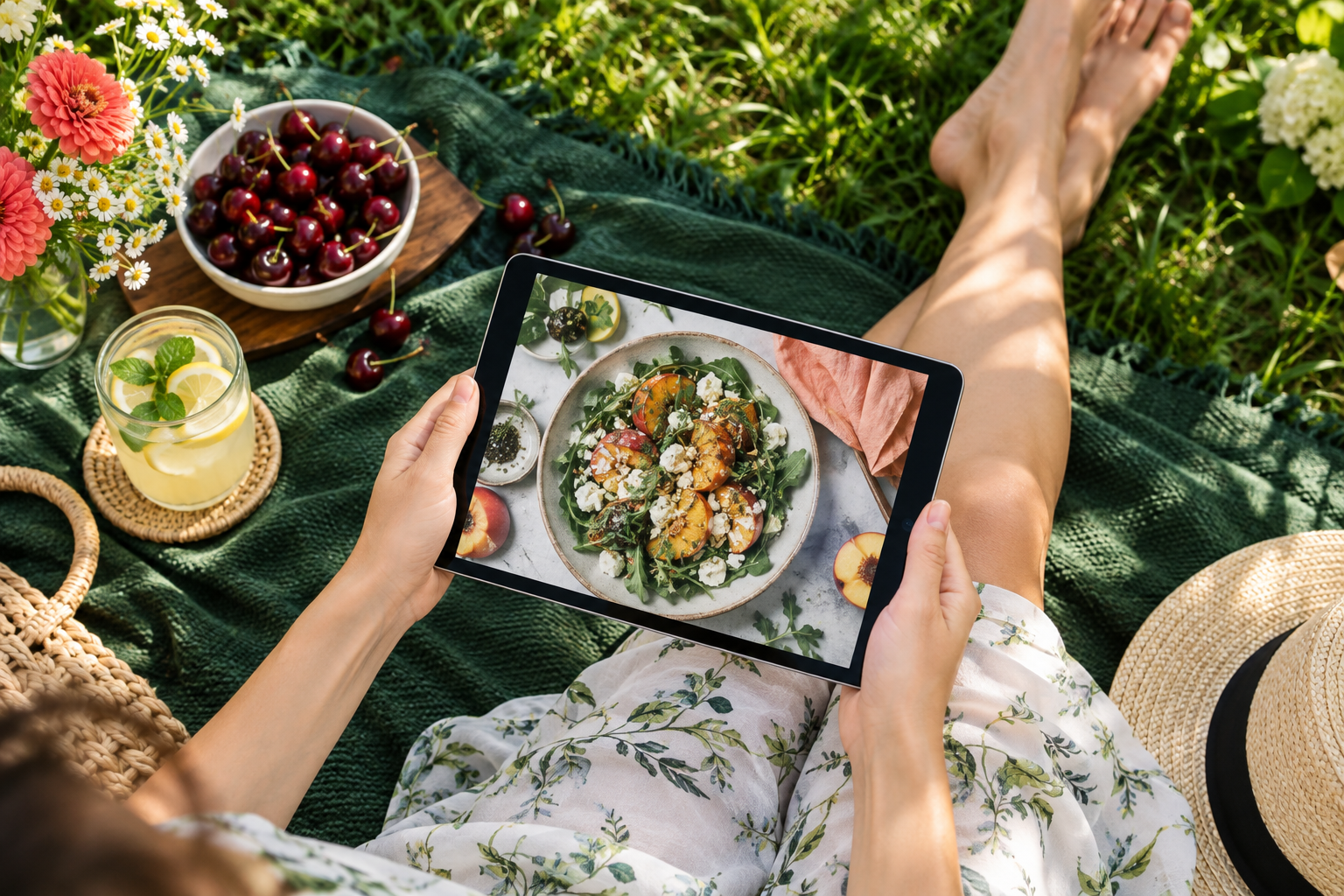 Tablet beim Entspannen im Garten
