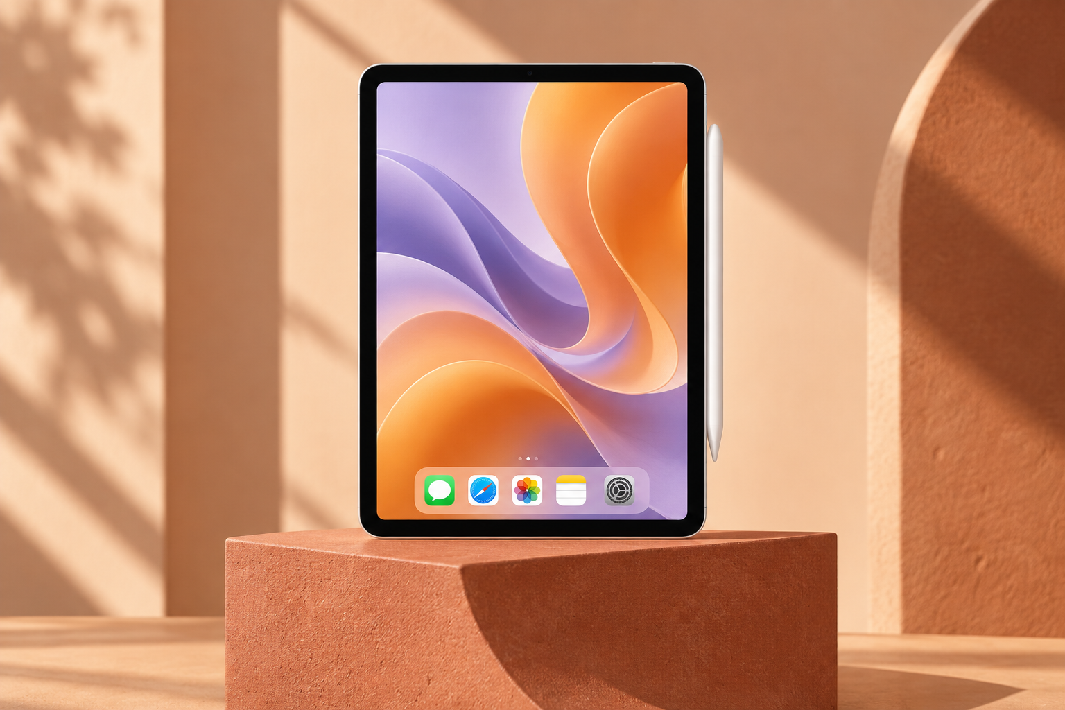 Illustratives iPad mit Stift vor terrakottafarbenem Hintergrund