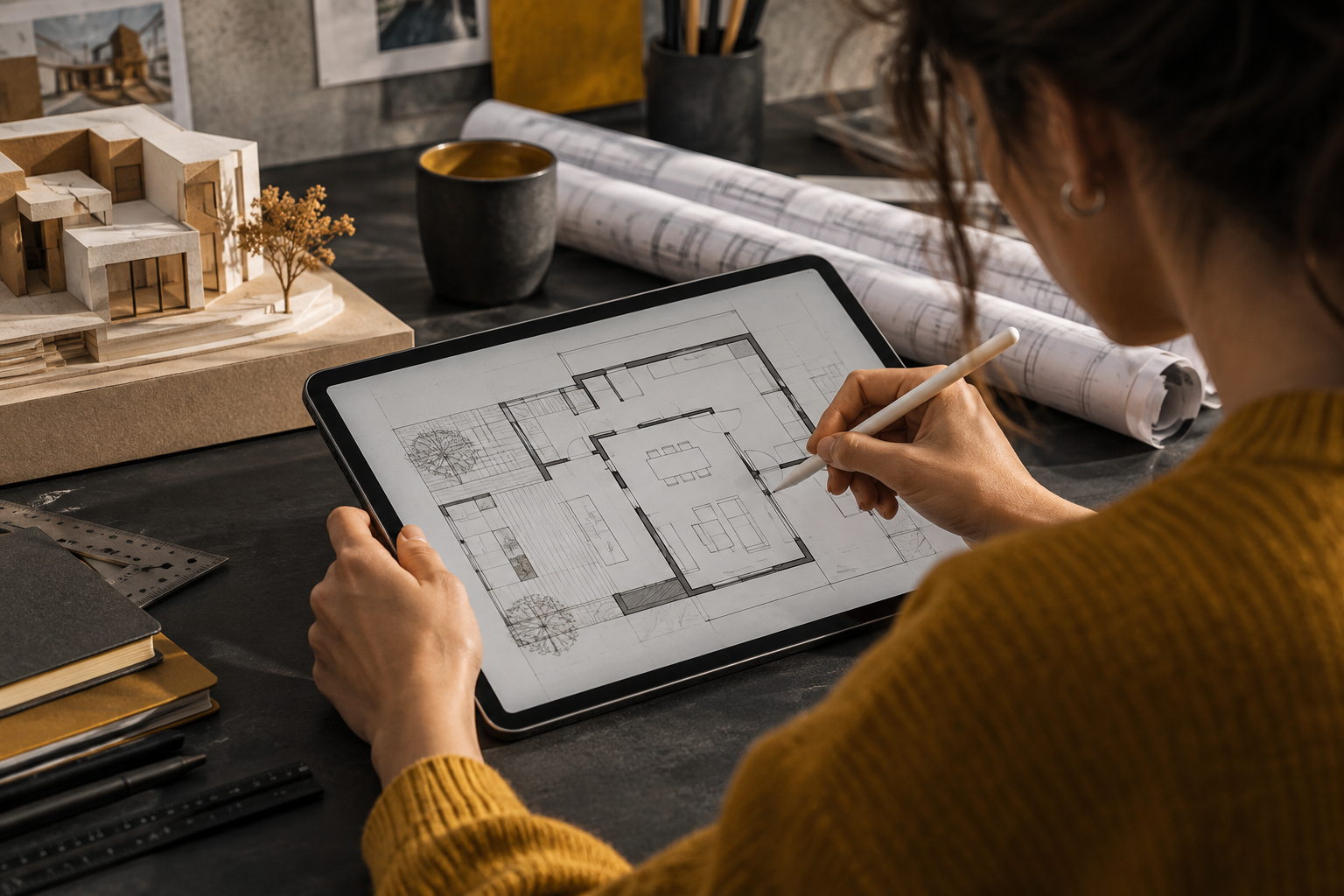 Architekturstudentin zeichnet mit einem Stift auf dem Tablet