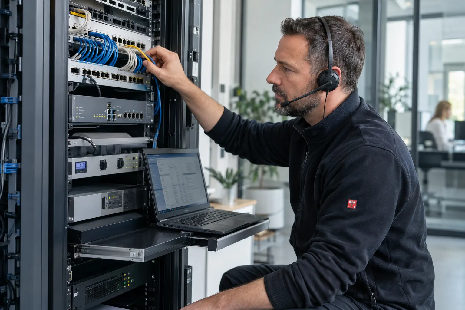 Spezialist wartet die Kommunikationsanlage und prüft Netzwerkverbindungen