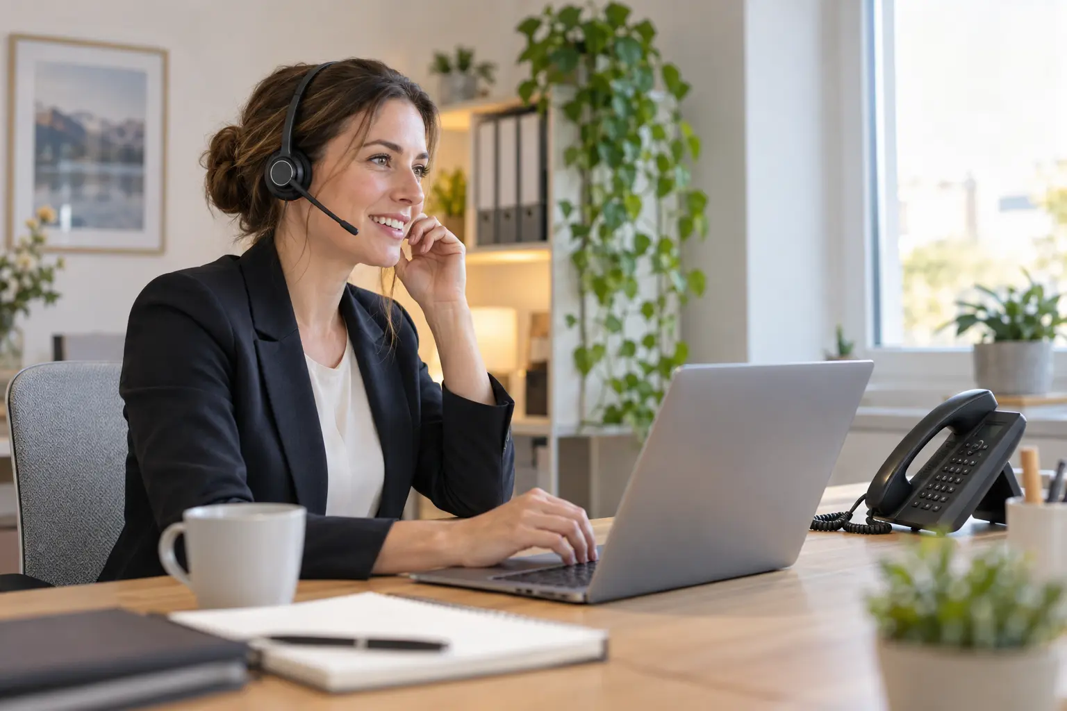 Mitarbeiterin führt ein Kundengespräch mit einem Headset im Büro