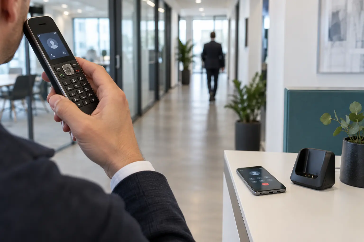 Schnurloses DECT-Telefon und Smartphone für mobile Geschäftstelefonie