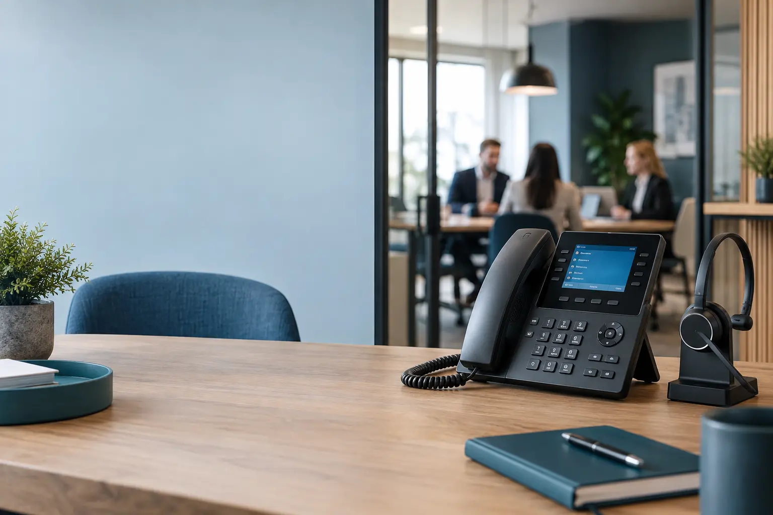 Modernes IP-Telefon und Headset am Büroarbeitsplatz