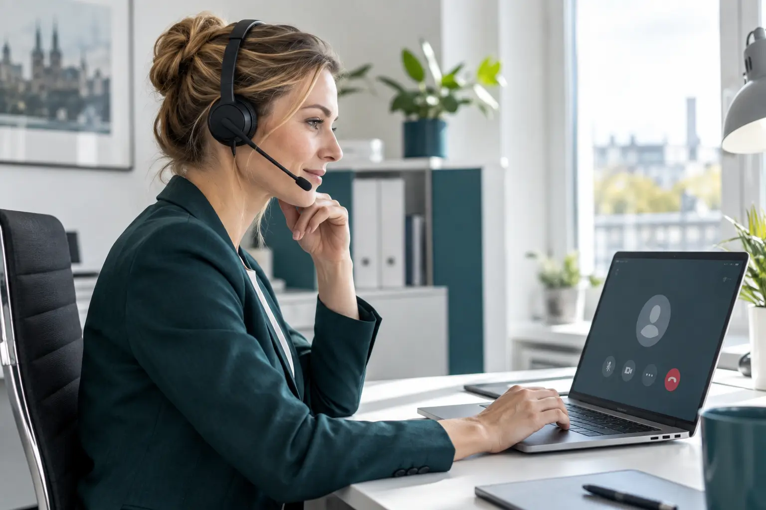 Mitarbeiterin telefoniert mit Softphone am Laptop und Headset
