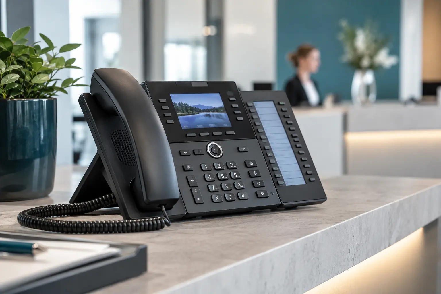 Modernes IP-Tischtelefon mit Erweiterungsmodul am Empfang