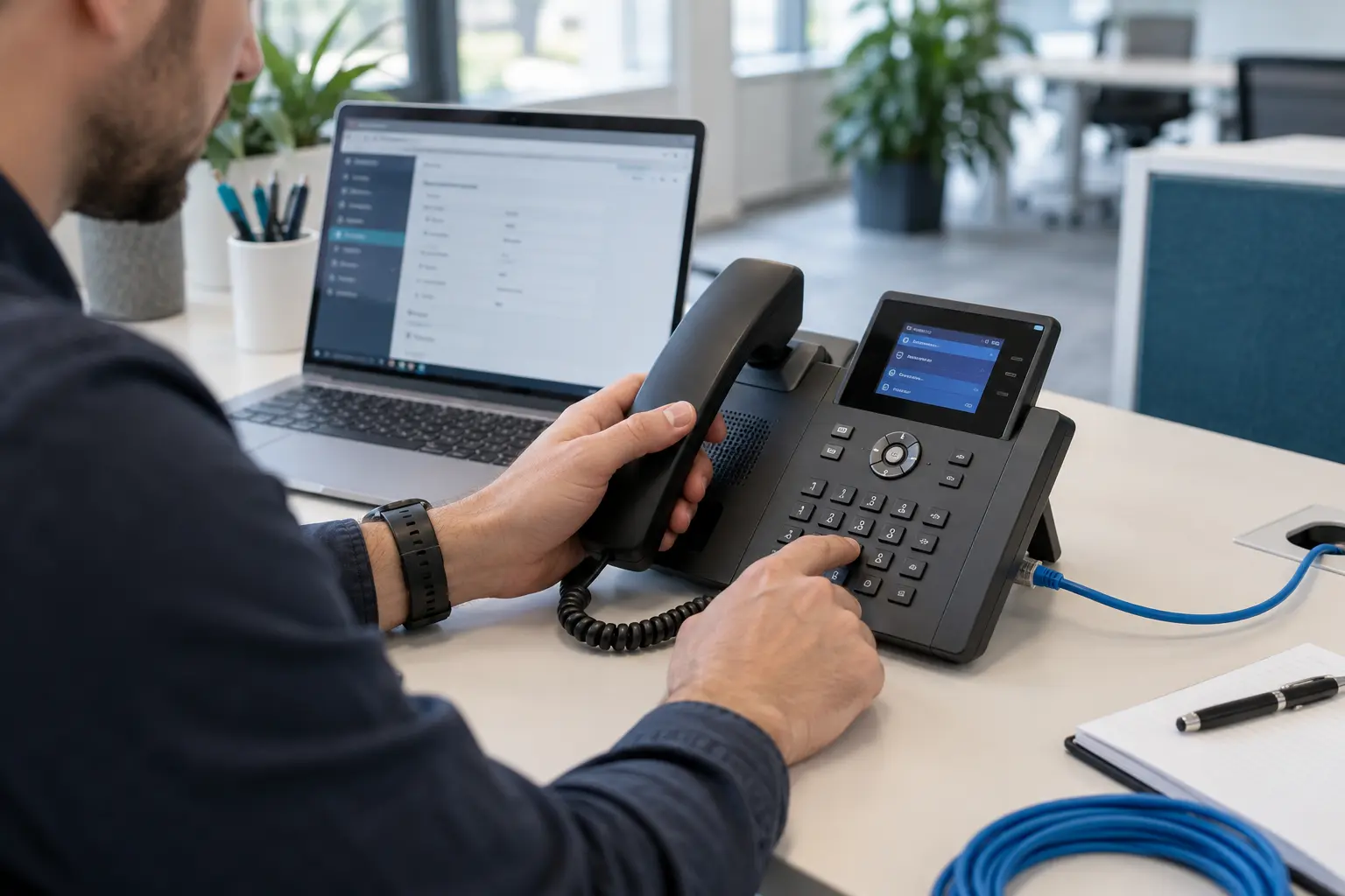 Techniker richtet ein IP-Telefon ein und führt einen Testanruf durch